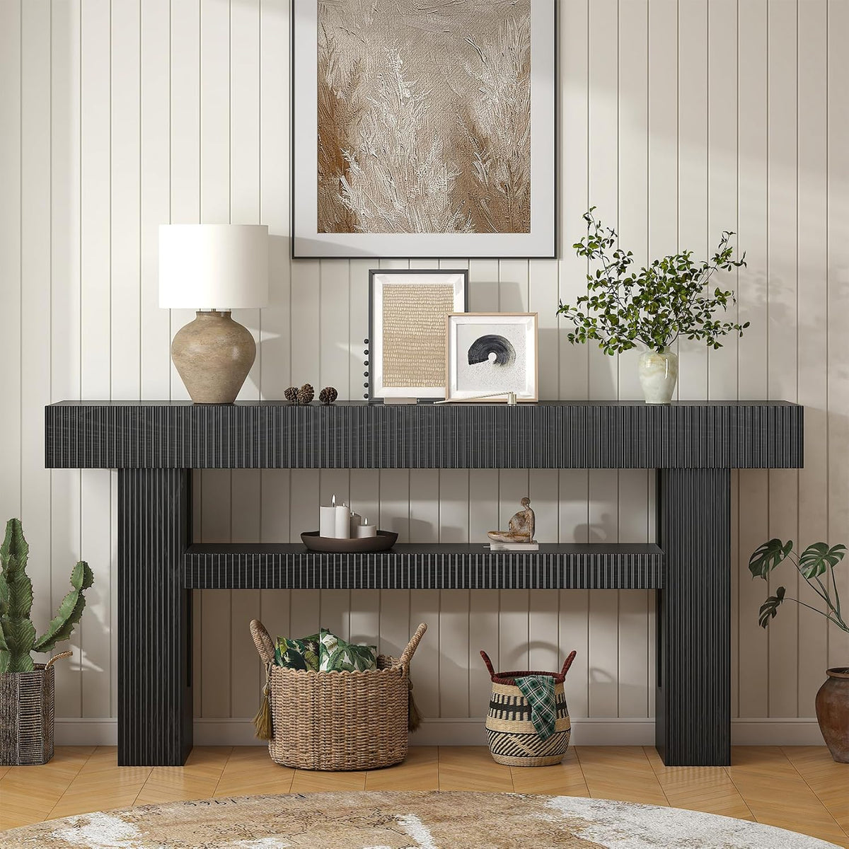 Bigbiglife 63" Fluted Console Table, Black | 2-Tier with Storage Shelves, Narrow Long Wood Design, For Entryway, Living Room, Hallway, Behind Couch or Sofa Table