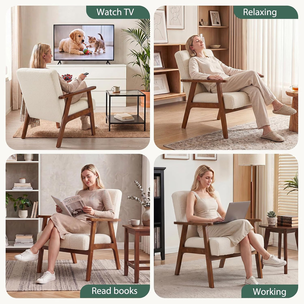 Furniliving Mid Century Modern Accent Chair, Wood Frame Upholstered Arm Chair with Waist Support, Button Tufted High Back Reading Armchair, Waiting Room Chairs for Bedroom Sunroom, Sherpa, White