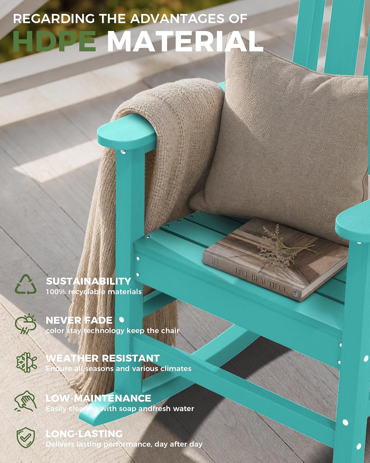 Oversized Outdoor Rocking Chair, High Back Porch Rocker Chair, HDPE All Weather Resistant Rocking Chairs for Patio, 380lbs Weight Capacity, Lake Blue