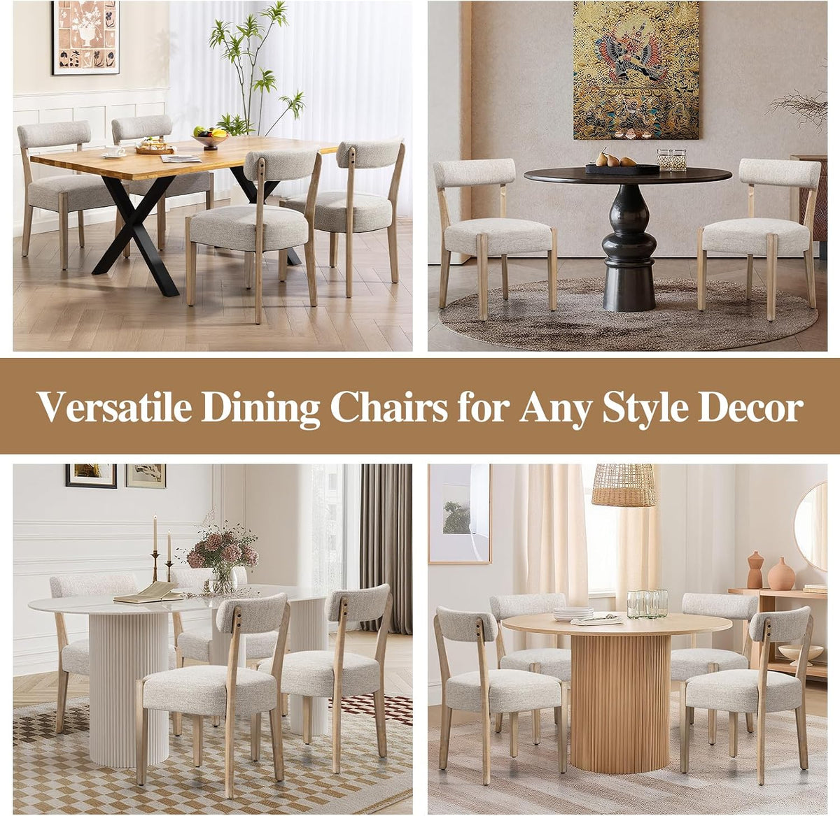 ZJhome Dining Chairs Set of 4,Mid Century Modern Dining Chair Set - Linen Upholstered Low Back Kitchen & Dining Room Chairs with Woven Design,Oatmeal Fabric