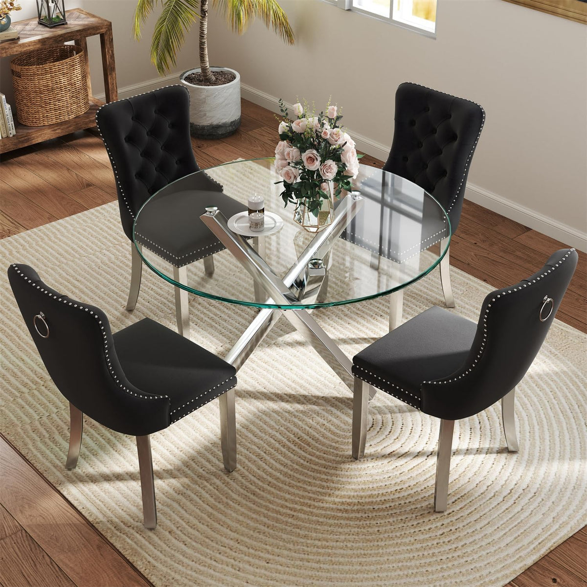 yeag 39 in Luxury Round Dining Table Set for 4, Modern Tempered Glass Top & Square Tube Crossed Metal Legs, with 4 Velvet Upholstered Kitchen Chairs, Adjustable Feet (Silver & Black)