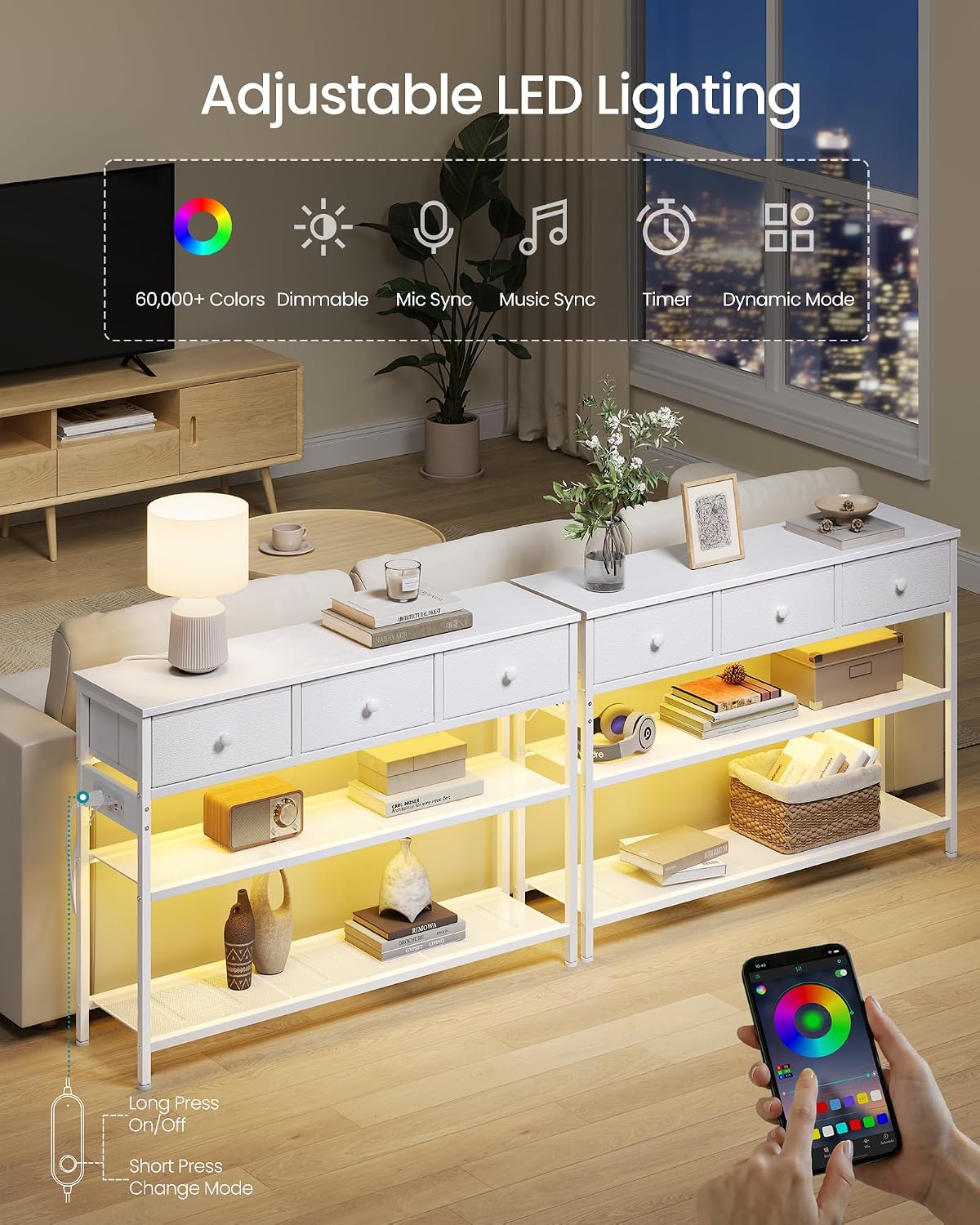 SONGMICS Console Table with Charging Station, Narrow Sofa Table with LED Lighting, for Entryway, Living Room, 11.8 x 38.9 x 31 Inches, 3 Fabric Drawers, Cloud White, BELLAH Collection ULGS198W101