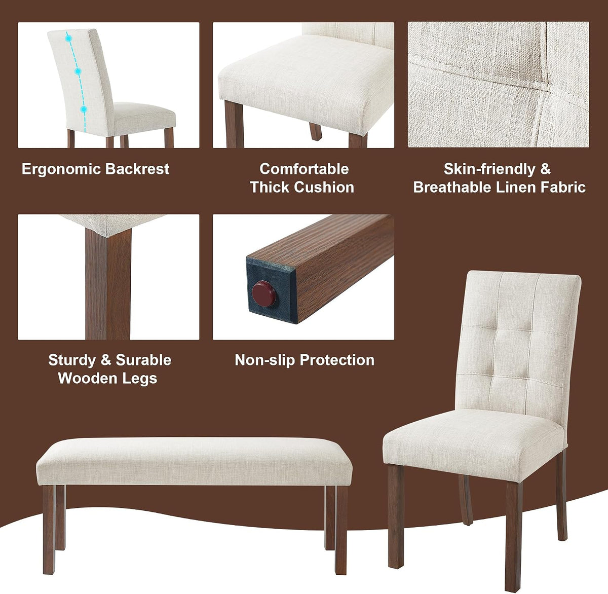 Ball & Cast Dining Table Set for 6 W/Bench & 4 Upholstered Chairs,6 Piece Dining Set W/ 60" Rectangle Kitchen Table & Anti-Scratch Pads,Table and Chairs Set for Living Room,Dining Room,Walnut