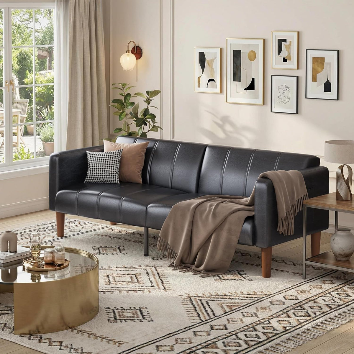 75 in Futon Sofa Bed, Faux Leather Convertible Couch with Adjustable Backrest, Side Pocket, Mid Century Modern Loveseat Sleeper Sofa for Living Room, Bedroom, Apartment, Small Spaces, Black