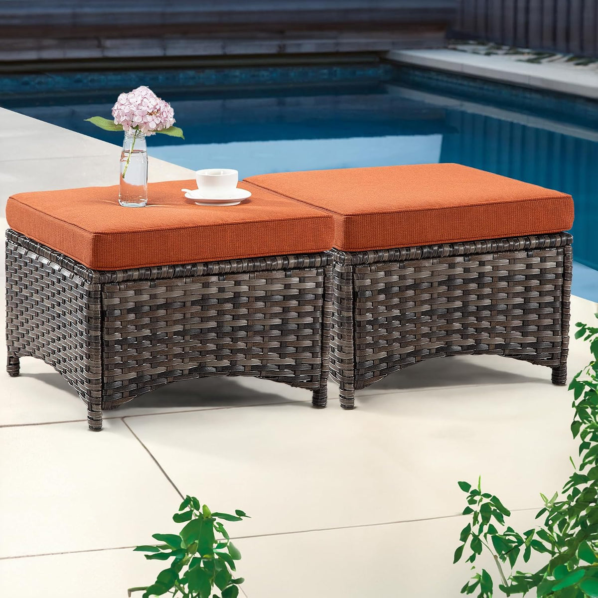 Outdoor Ottomans for Patio Set of 2 PE Wicker Steel Frame Outdoor Footstool with Removable Olefin Cushions for Patio, Backyard and Deck, Orange