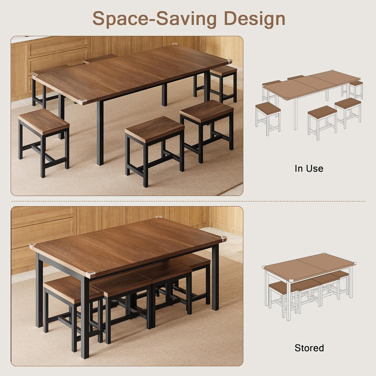 Einhomn 7-Piece Dining Table Set, 63" Extendable Kitchen Room Table with 6 Stools, Mid Century Modern Dinner Table with Metal Frame & MDF Board, Space-Saving, Easy Assembly, Walnut