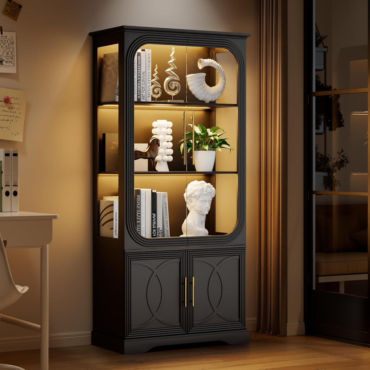 69" Tall Display Cabinet with Glass Doors, Curio Cabinet with 3 LED Lights and Human Body Sensor, Glass Display Case with Storage Cabinet for Living Room, Black