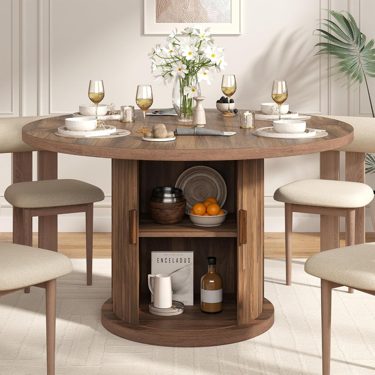knoworld 47" Round Dining Table for 4-6, Modern Fluted Pedestal Kitchen Table with Hidden Storage, Walnut Wood Circle Dinner Table for Dining Room & Small Spaces, Walnut