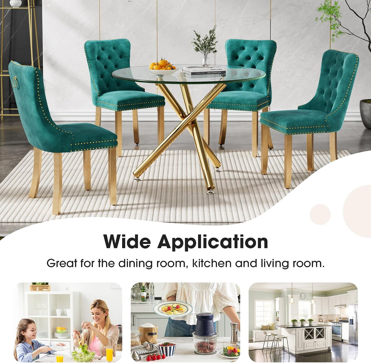 Round Glass Dining Table Set for 4, Small Kitchen Table Set for 4, 47" Circle Gold Glass Dinner Table for 4 with Green Velvet Chairs, 5 Piece Dining Room Table Set for 4 for Breakfast Dinette Cafe