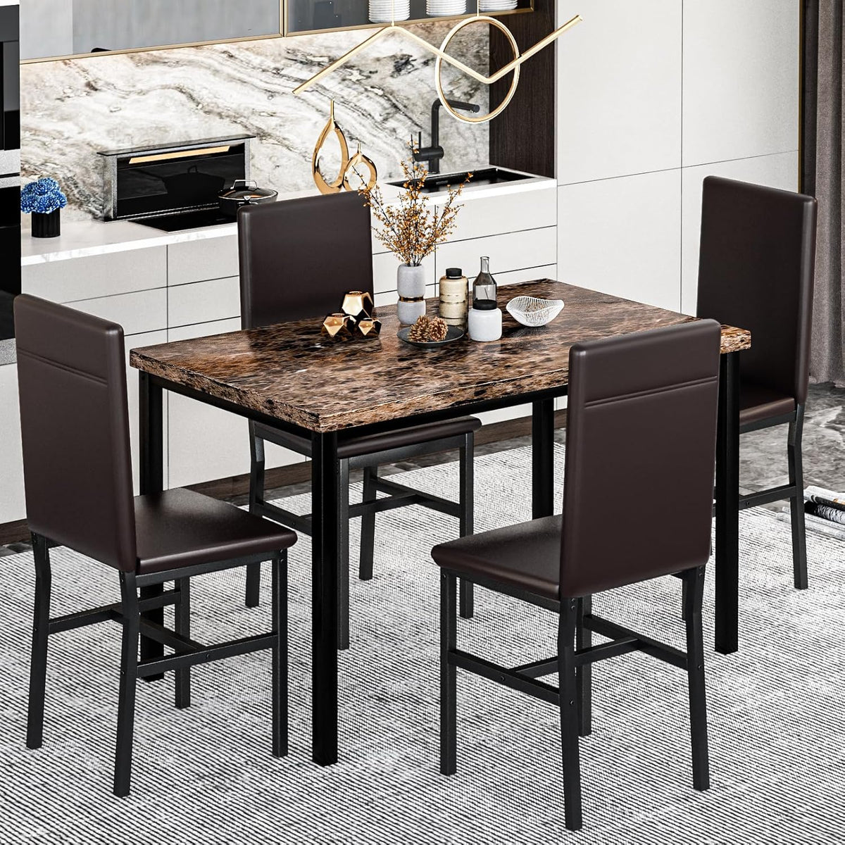 Recaceik 5-Piece Dining Table Set for 4, Faux Marble Kitchen Table Chairs Set of 4, Kitchen Table Set with 4 Upholstered PU Leather Chairs for Dining Room, Living Room, Apartment, Small Spaces, Brown