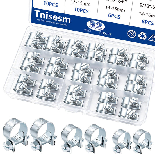 Tnisesm 32Pcs 1/4 5/16 3/8 Fuel Injection Gas Line Hose Clamps Clip Pipe Clamp Assortment Kit, Hoses Clamps Sleeving,for Automot