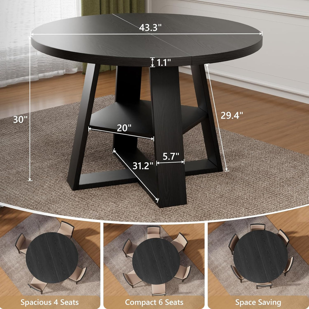 43 inch Round Dining Table for 4-6, Dining Table with Storage Shelf, Wood Grain Top, Sturdy Wood Legs, Space Saving Dinner Tables, Circle Kitchen Tables