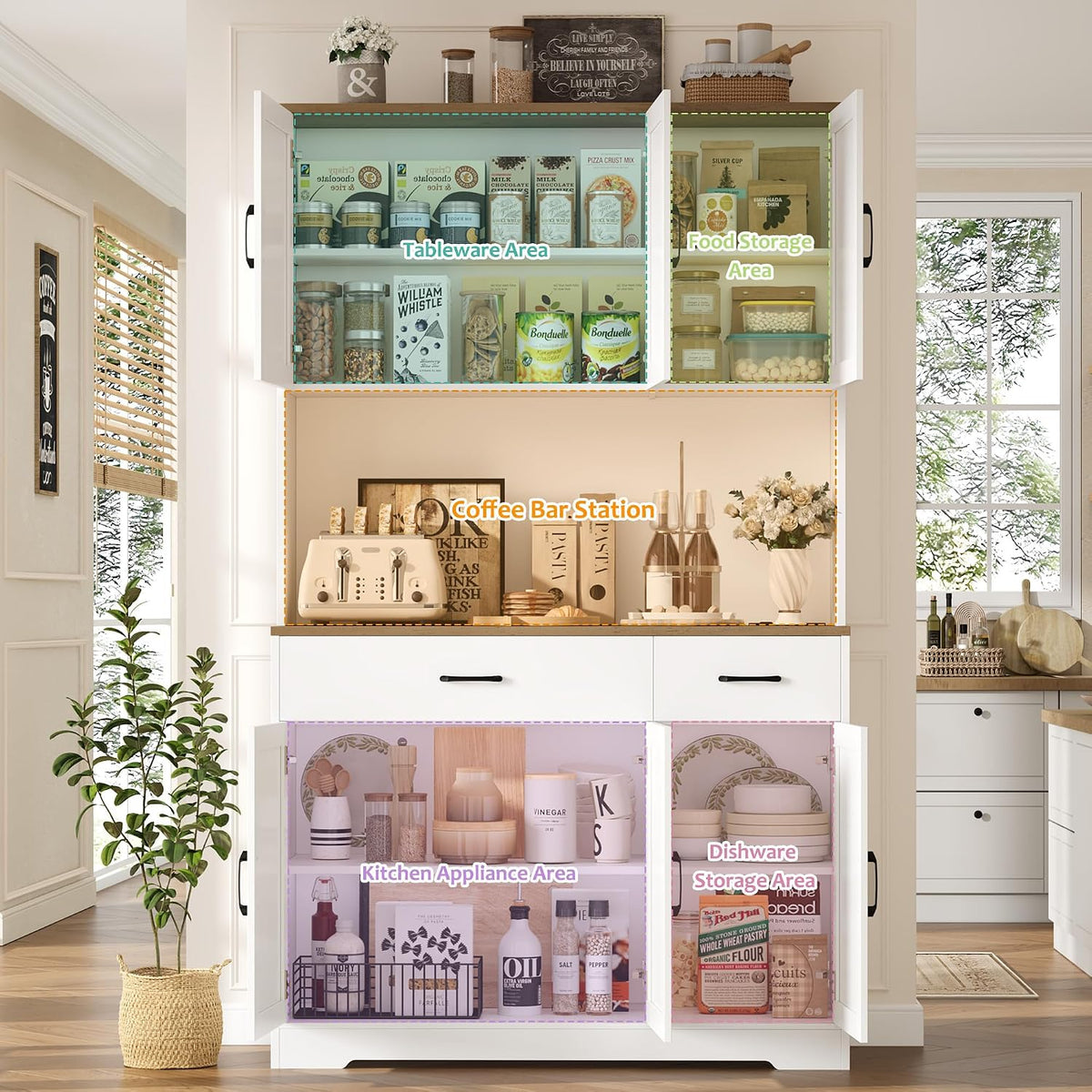 HOSTACK 71"H Kitchen Pantry Storage Cabinet, Farmhouse Hutch Cabinet, White | Space-Saving Pantry Cabinet with Charging Station & 2 Large Drawers & Adjustable Shelves, Tall Kitchen Hutch, Dining Room