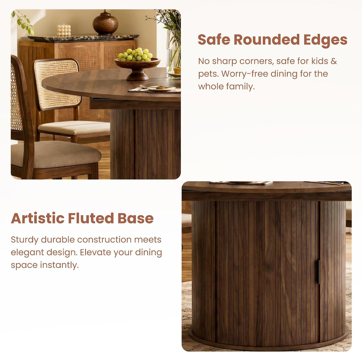 47''-63'' Extendable Round Dining Table for 4-6, Round Dining Room Table with Hidden Storage, Modern Wooden Kitchen Table with Fluted Sliding Door Cabinet for Dining Room Kitchen, Walnut