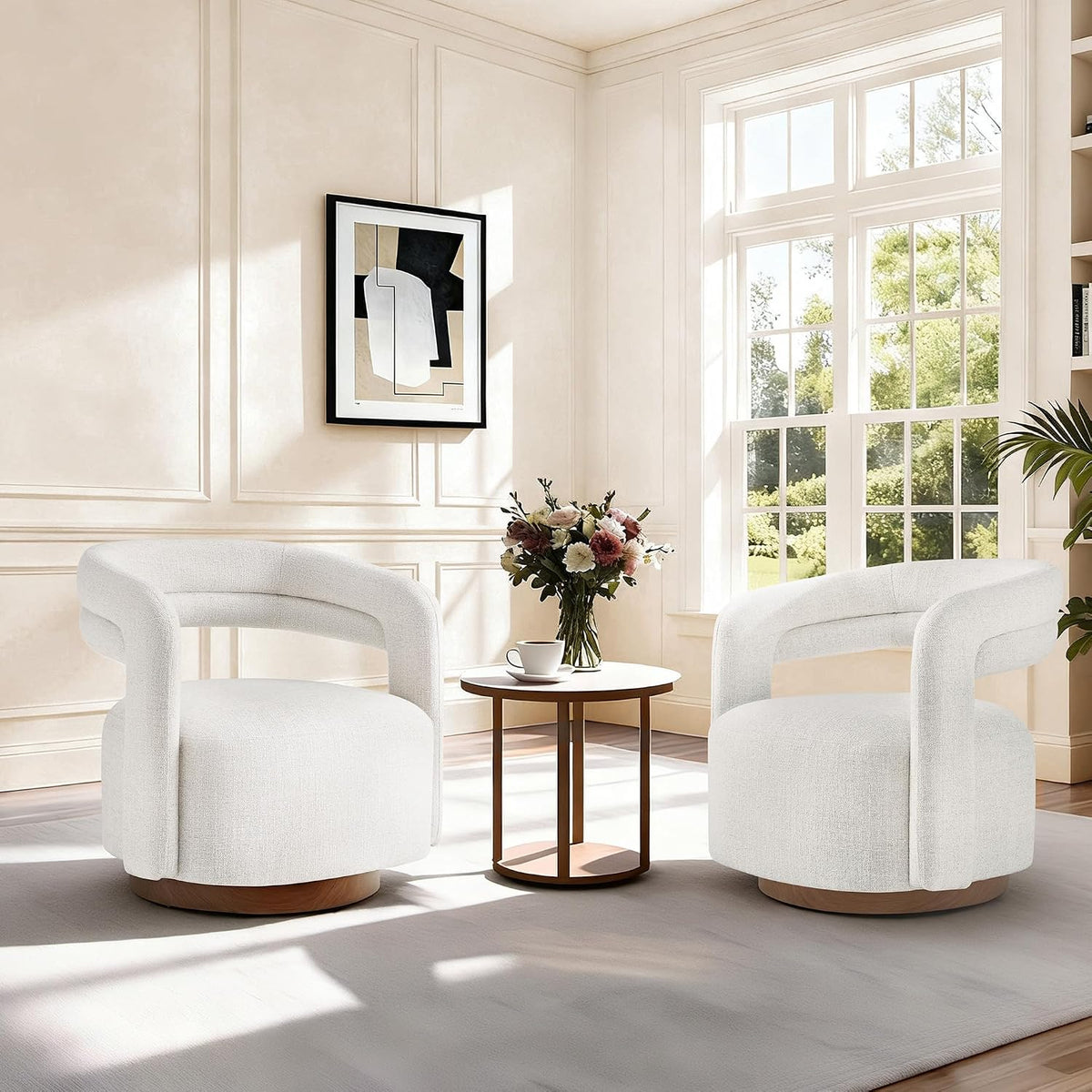 KISLOT, Swivel Accent Chair, Modern Arm Chair with Wooden Base, Wheat, 2PCS | Upholstered Barrel Chair with Open Back Design, Modern Arm Chair with Wooden Base Wheat, Living Room Bedroom Reading