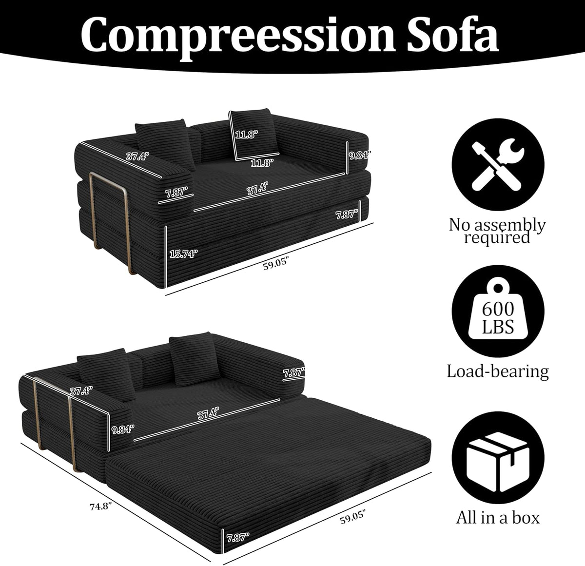 59 Inch Convertible Sofas Bed, 5-in-1 Futon Sofa Pull Out Sleeper Couch, Couches for Living Room, Corduroy Floor Compression Loveseat for Bedroom, Apartment, No Assembly, Black, 2 Seat