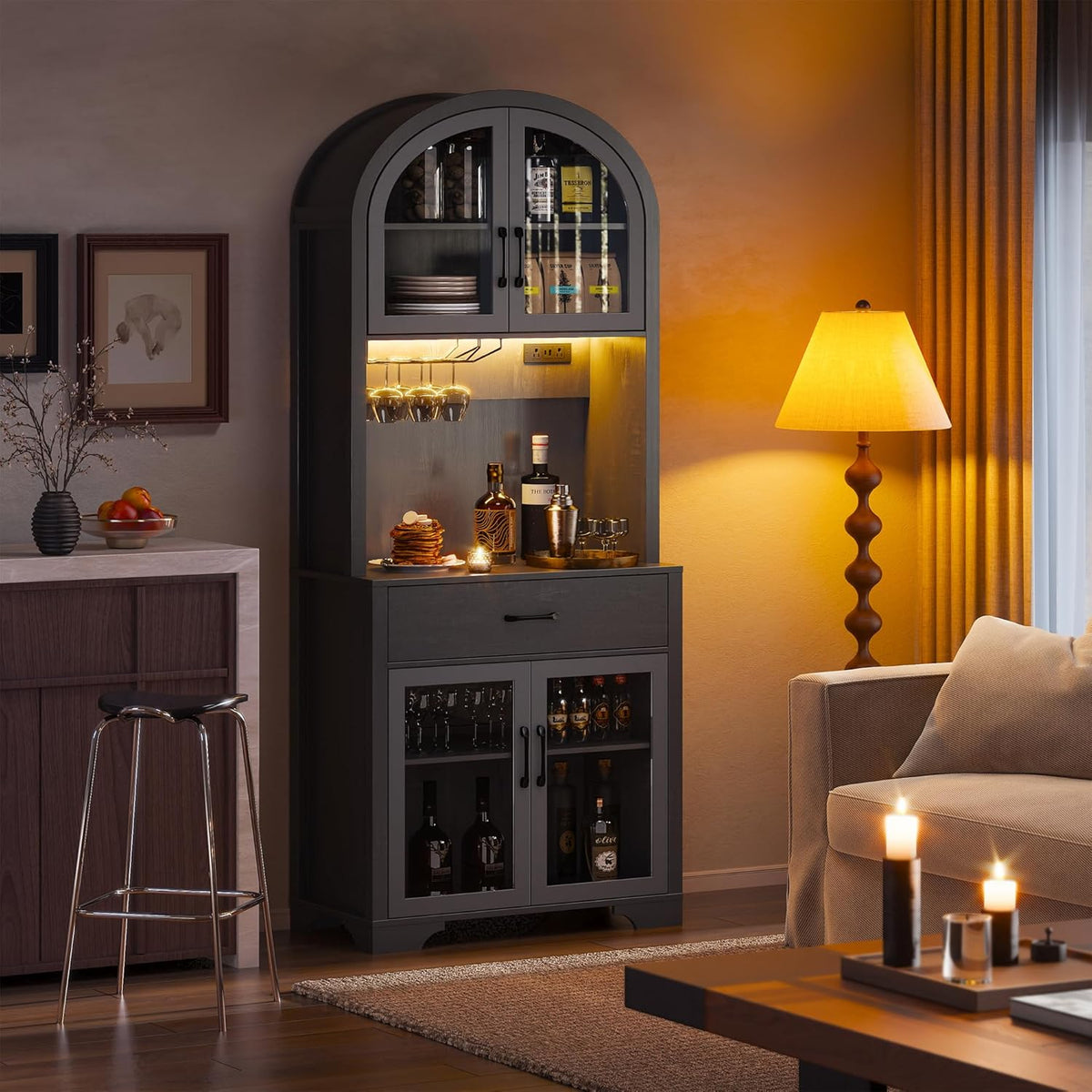 Arched Kitchen Pantry Storage Cabinet, Black Wooden Coffee Bar Cabinet with Drawers, Kitchen Hutch Dining Room Storage Cabinet with Charging Station and LED Light, Kitchen Hutch with Countertop