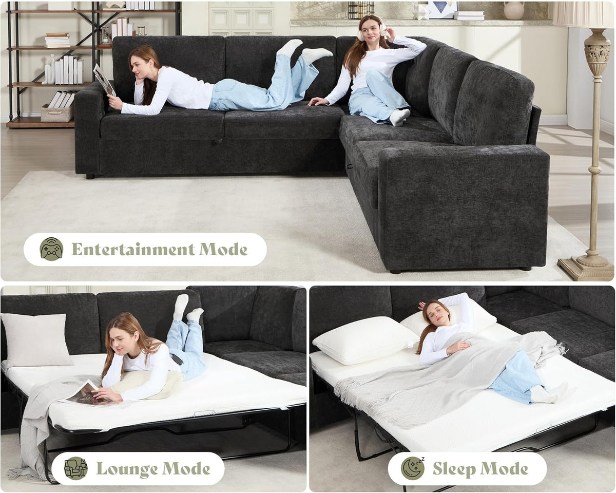 AMERLIFE 106" Sofa Bed, Couch with Pull Out Bed with Storage-Chenille Gray | Pull Out Couch Bed with Memory Foam Mattress, Resilient Cushion, Fluffy Backrest, Queen Size Sofa Bed for Living Room