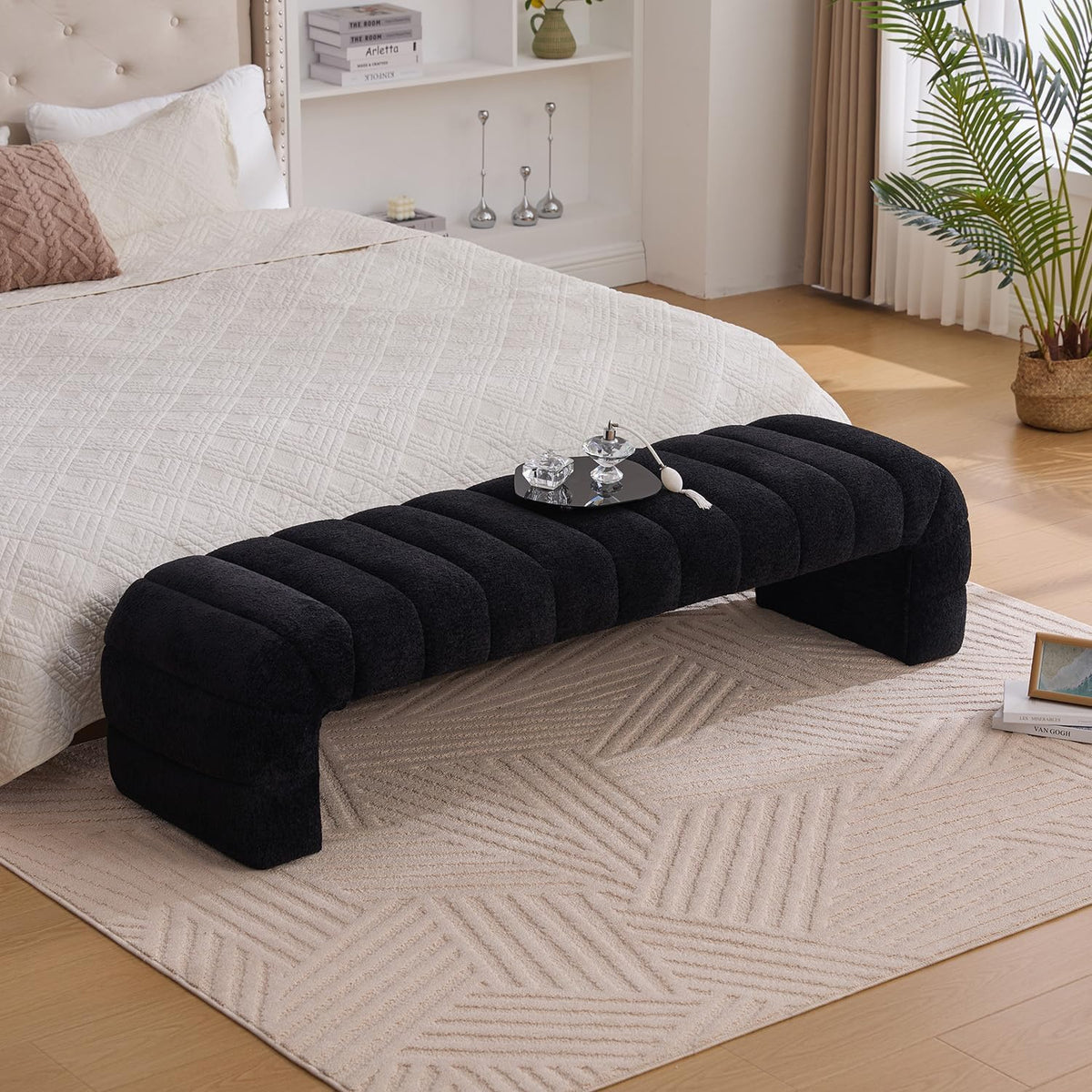 Sophisticated 69.7” Wide Black Upholstered Armless Bed Bench, Modern Channel Tufted Couch Daybed Chaise, Chic Ottoman Foot Stool for Living Room & Bedroom!