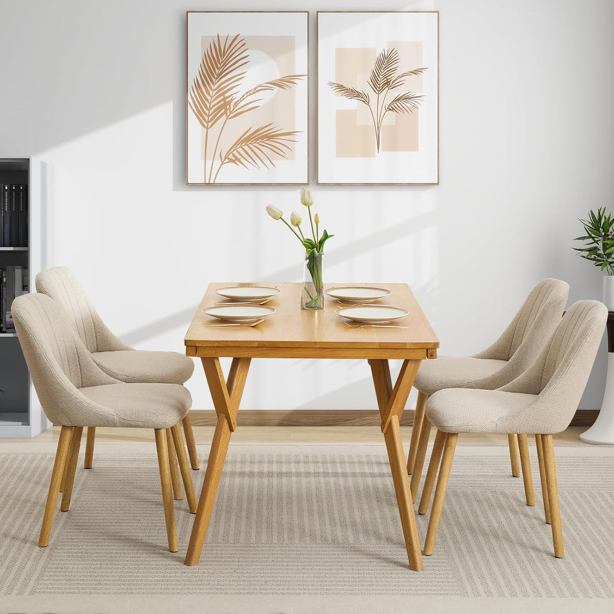 Dining Chairs Set of 6,Modern Fabric Upholstered Kitchen Chairs with Solid Oak Legs,Weight Capacity 300lbs,Easy Clean Fabric,Ergonomic Curved Back (Beige 6PCS, Oversized)