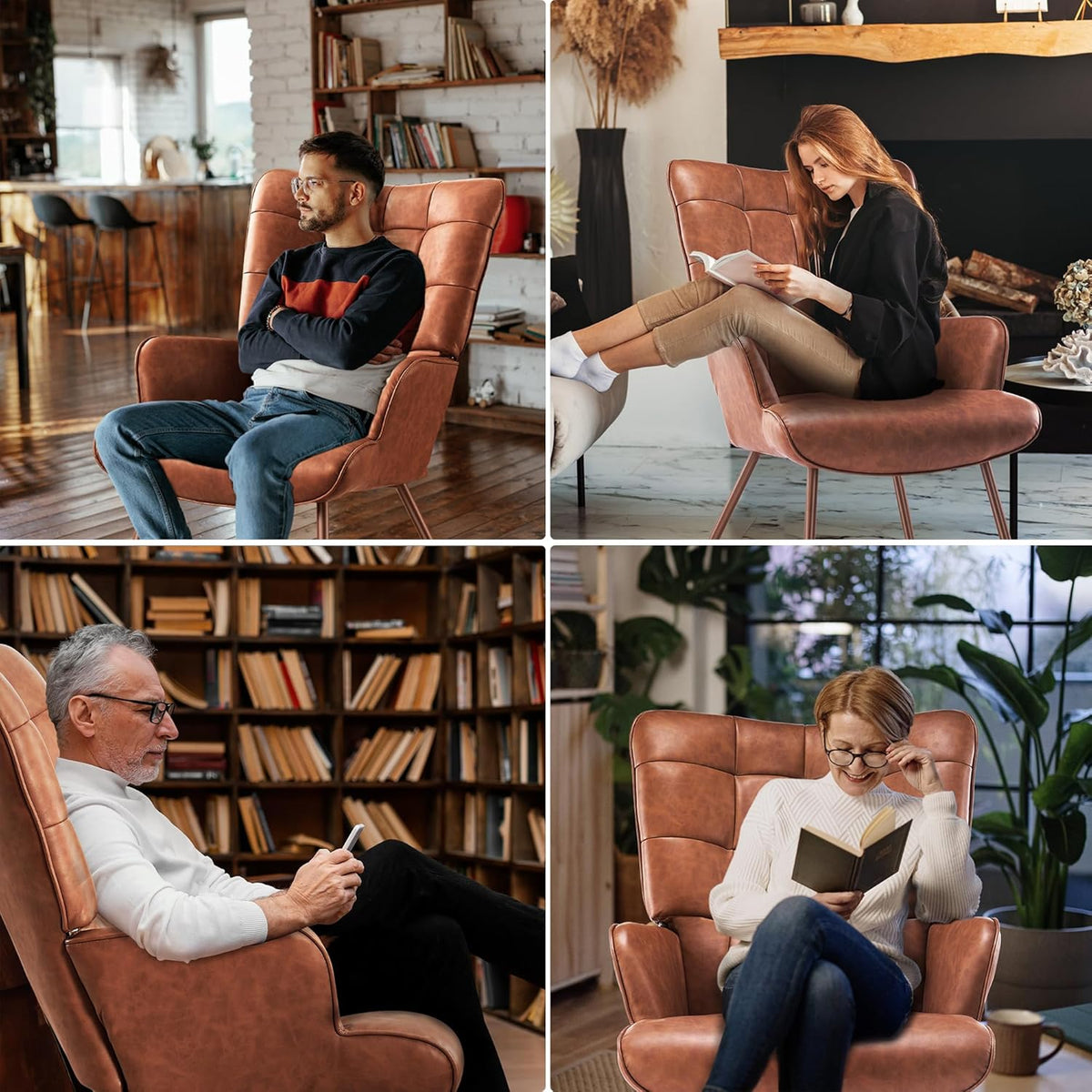 Kosydown PU Leather Wingback Accent Chair with High Back & Tufting, Brown | Comfortable single seating high back armchair with elegant tufted leather for living room, bedroom, office & reading room.