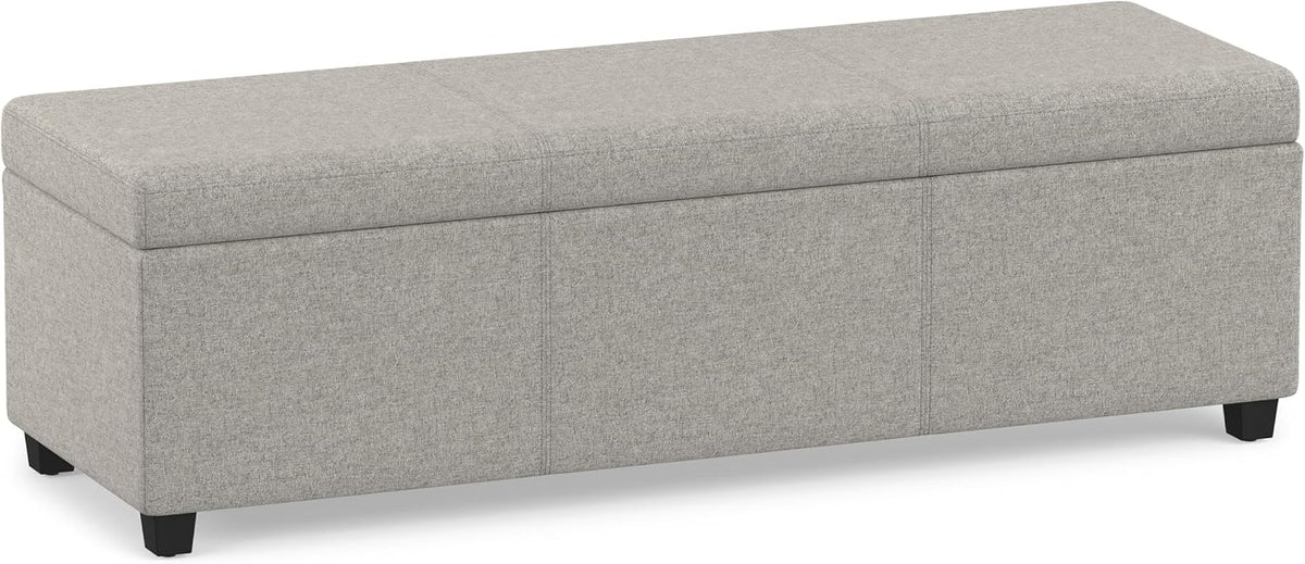 SIMPLIHOME Avalon 54" Wide Linen Look Fabric Storage Ottoman in Cloud Grey | Contemporary lift-top ottoman with high-density foam; rectangle storage bench or coffee table for living room or entryway.