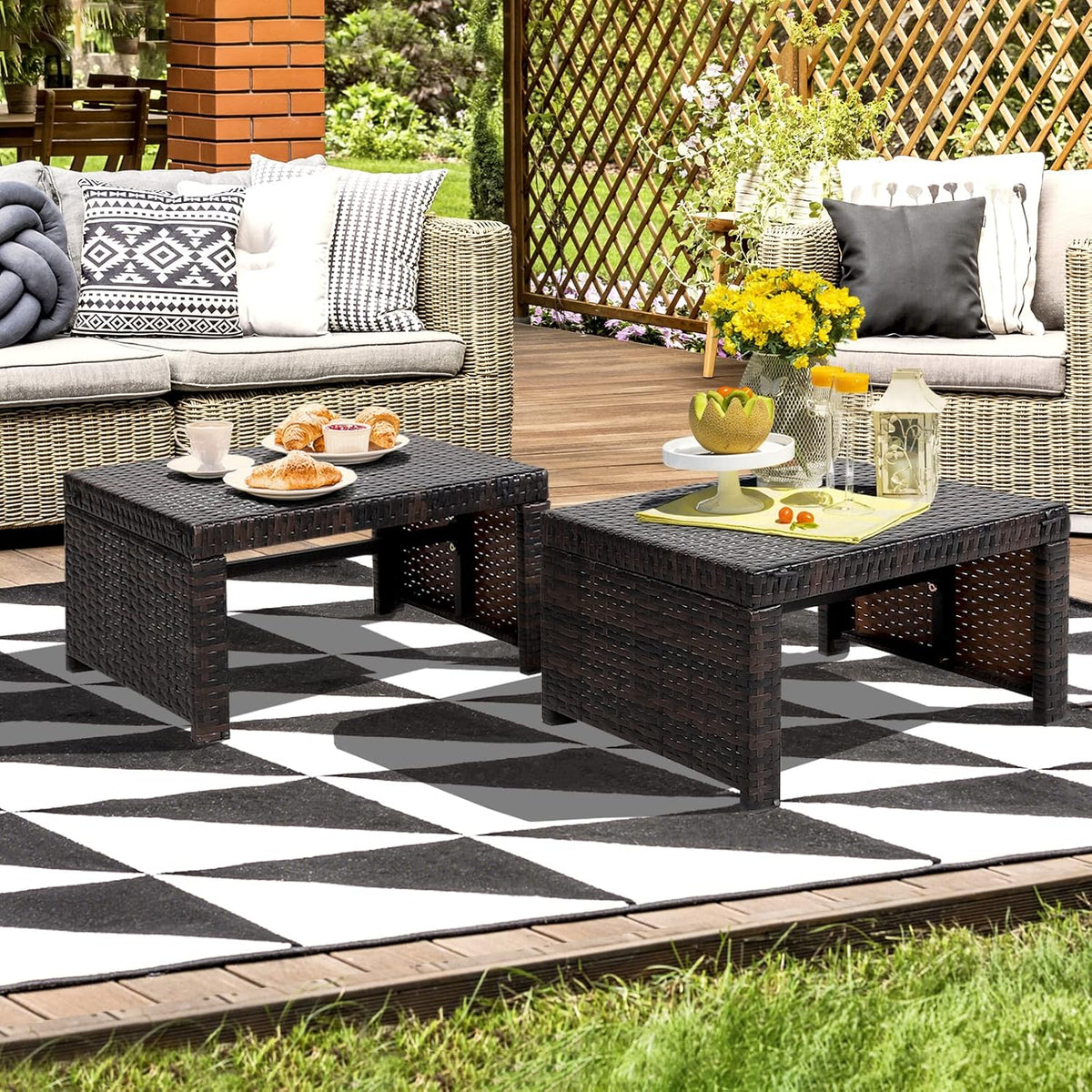 RELAX4LIFE 2-Piece Wicker Outdoor Ottoman, Rattan Footrest Set of 2 with Removable Cushions, 3-in-1 Foot Stool, Side Table & Additional Seating, Outdoor Footstools for Patio Backyard (Red)