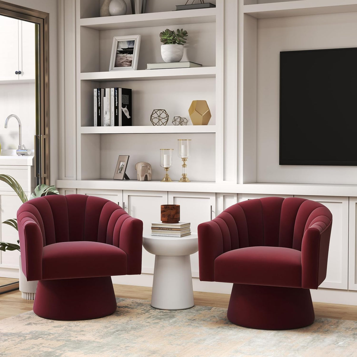 Swivel Accent Chair Set of 2, Modern Velvet Barrel Chair for Living Room | Cozy Barrel Chairs with Curved Backrest,a smoothly rotating metal base,Upholstered Armchair for Small Spaces, Bedroom,RED