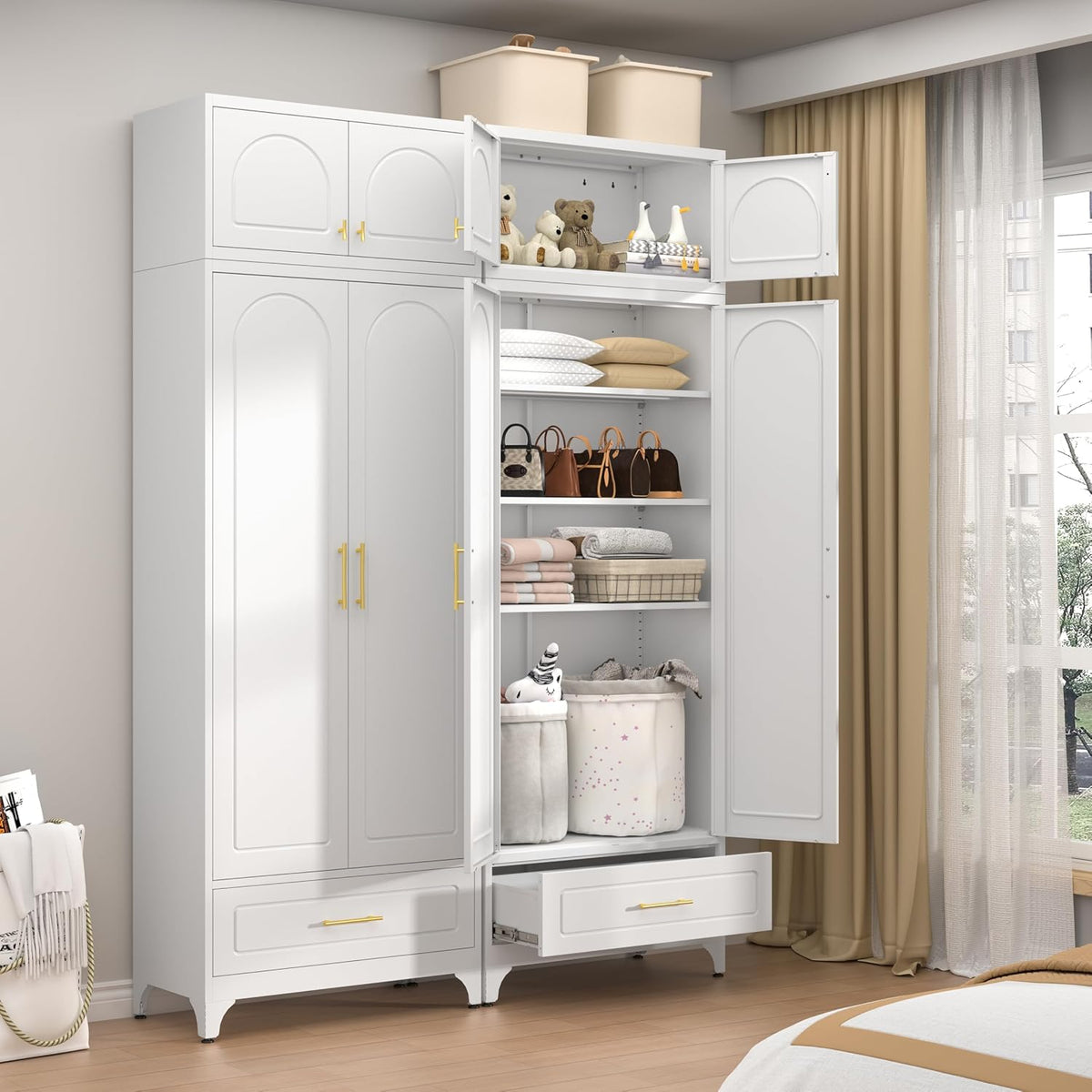 32" Wall Metal Storage Cabinet with Doors & Gold Handle | Adjustable Shelf, Sturdy Cold Rolled Steel, Hanging Storage, Bathroom, Pantry, Kitchen, 2 Doors, Tools Included, Space-Saving