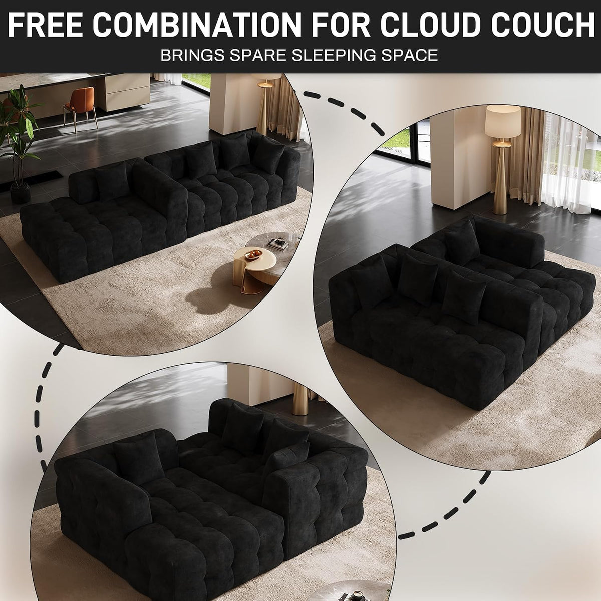 120" Oversized Modular Sectional Couch,Cloud Sectional Sofa with Deep Seat, Modern Modular Couch with 4 Throw Pillows,L-Shaped Chenille Sofa Couches with Left Facing Chaise for Living Room, Black