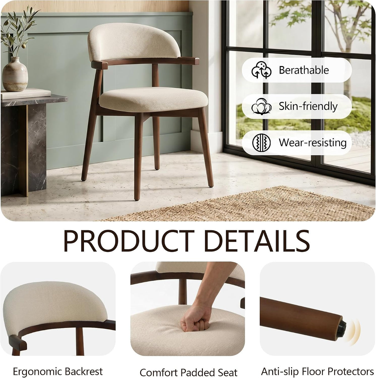 MOJAY Modern Wooden Dining Chairs Set of 2, Upholstered Kitchen Chairs with Unique Arm Design, Farmhouse Dining Room Chairs for Small Spaces & Apartments, Beige
