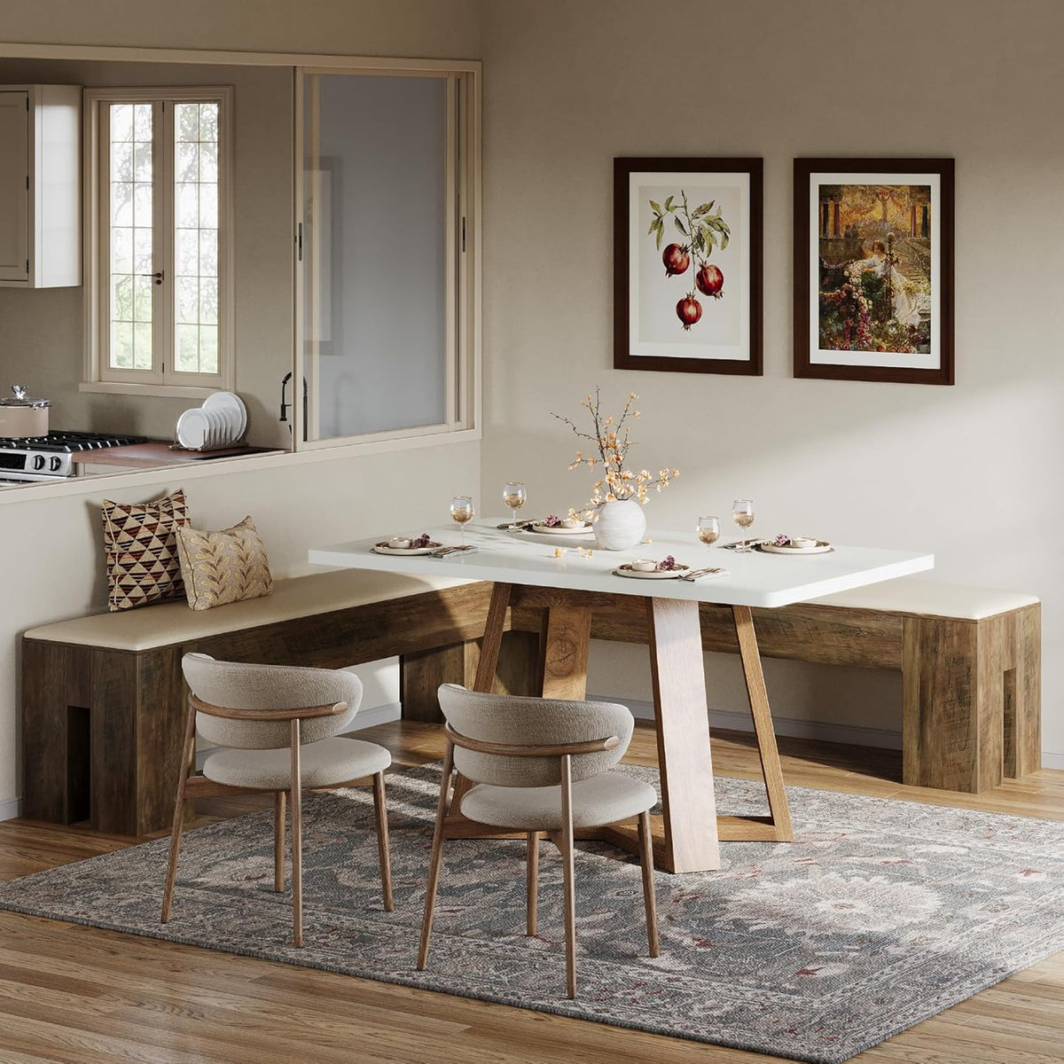Tribesigns L-Shaped Bench with Cushion, 61-Inch Farmhouse Corner Dining Bench, Kitchen Breakfast Nook Bench for Dining Room, Entryway, Cloakroom, White and Brown