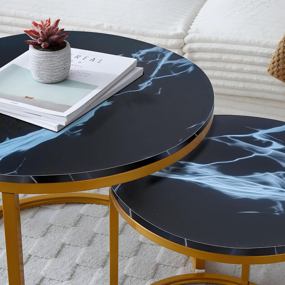 Anwick Set of 2 Circular Coffee Table, Nesting Design for Living Room, Small Round & Circle Coffee Table for Apartment, Sturdy Metal Frame (Black+Gold)
