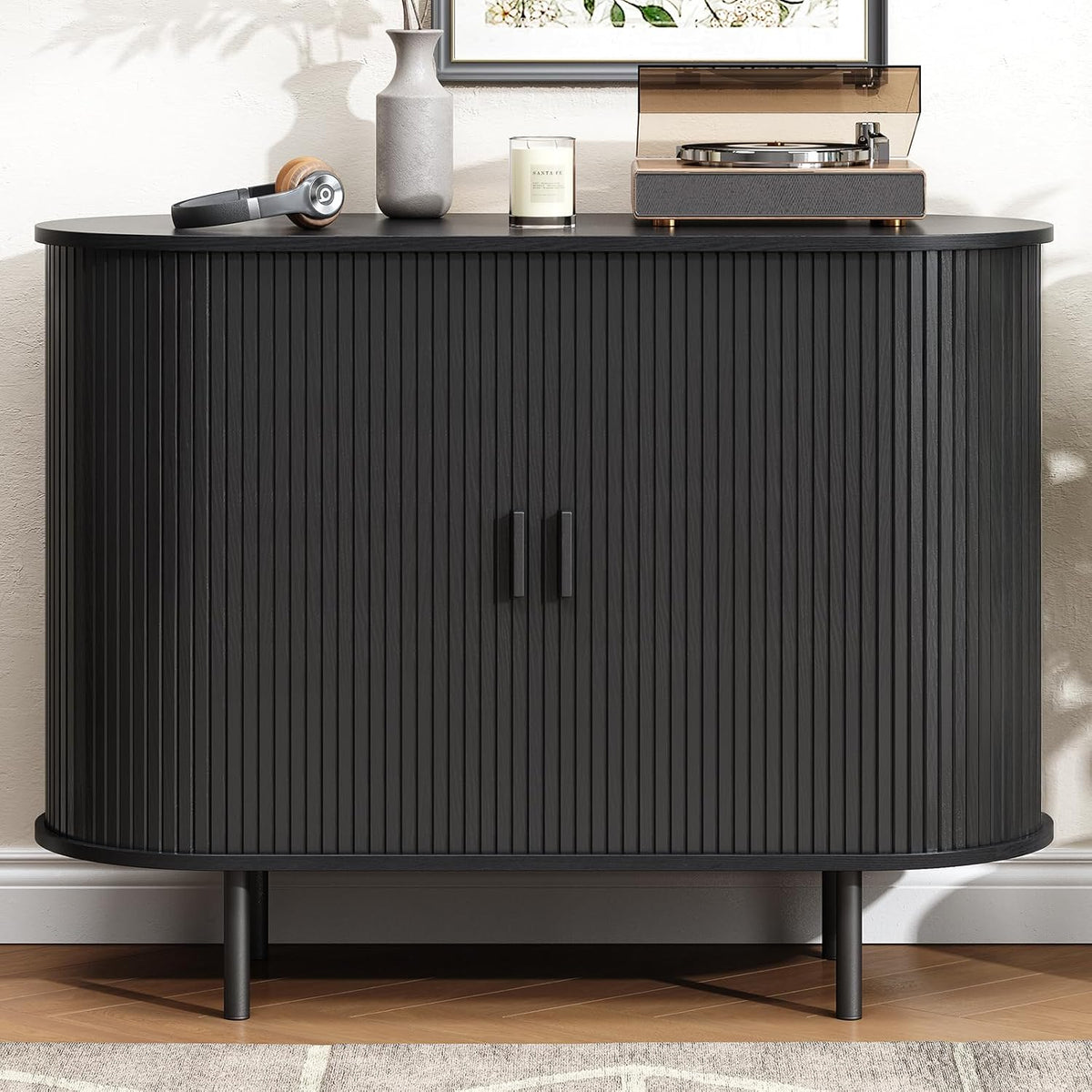 Buffet Cabinet with Storage, Fluted Sideboard Buffet with Sliding Door, Coffee Bar Cabinet with Adjustable Shelf, Console Table, Accent Table for Entryway, Kitchen (Black, 40 Inch)