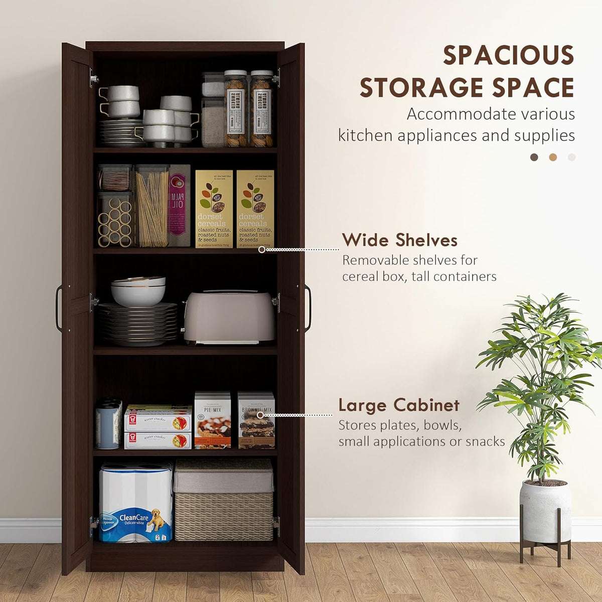 HOMCOM 63" 2-Door Kitchen Pantry 5-Tier Cinnamon Cherry Wood Grain | Freestanding Storage Cabinet, Shelving, 2 Adjustable Shelves, for Dining Room