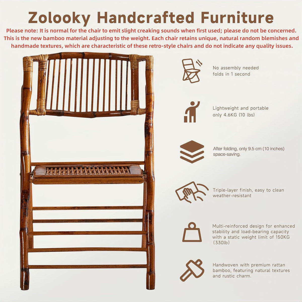 2 Pack Certified Bamboo Folding Chair, Completely Upgraded Foldable Vintage Dining Chair with 330lb Handcrafted for Living Room Patio Garden Balcony Indoor/Outdoor (, Antique Brown)