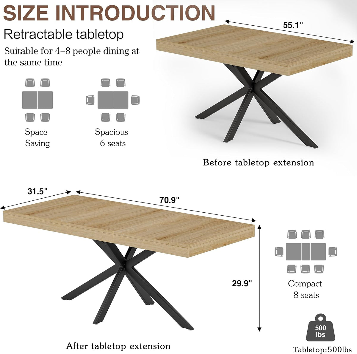 MECHYIN 55''-70.9'' Extendable Dining Room Table for 4-6-8, Rectangle Expandable Dining Table with Removable Leaves Space Saving, Kitchen Table with Hidden Storage for Kitchen Dining Room Office,Oak