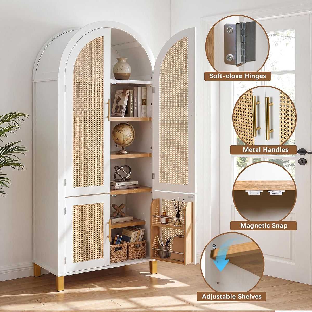Polibi 71" Tall 4-Door Arched Cabinet, MDF Rattan Door Storage with Adjustable Shelves, Built-in Racks & 4 Support Legs, Farmhouse Pantry Cabinet for Kitchen & Dining Room, White