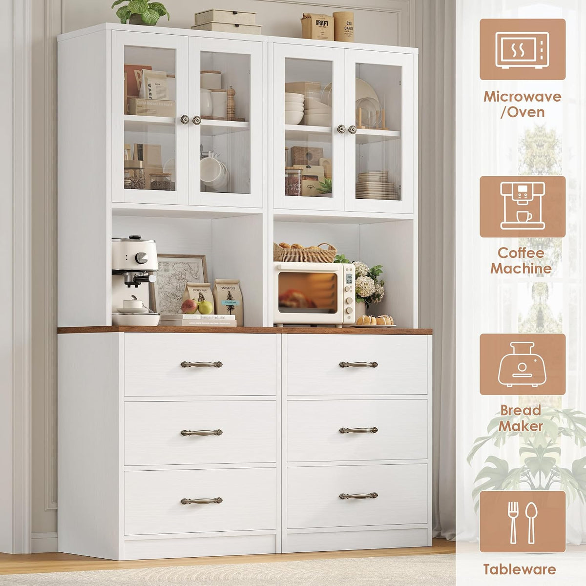 Keyluv 71“ Tall Kitchen Pantry Storage Cabinet with Microwave Stand, Buffet Kitchen Hutch with Shelves and Drawers, Wood Coffee Bar Pantry Cabinet with Glass Doors, for Dining Room/Small Space, White