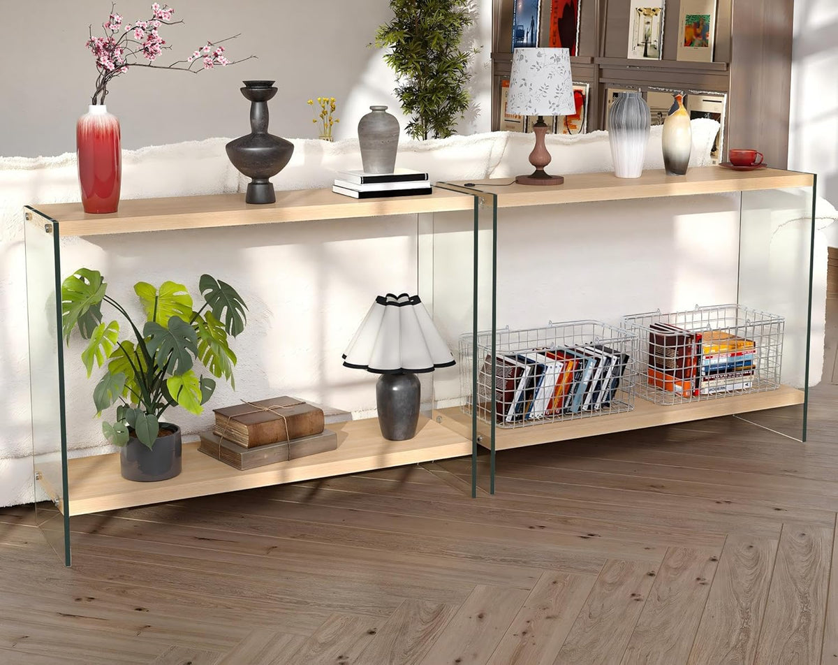 Console Table 2-Tier: 39.4 in Wide Rectangle Wood Shelf Glass Sides | Modern Desk Console Sofa Table Stand for Entryway
