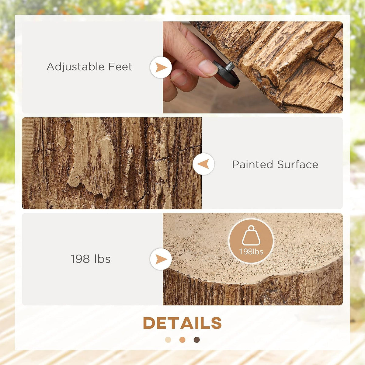Tree Stump Stool, Decorative Side Table with Round Tabletop, Concrete End Table with Wood Grain Finish, for Indoors and Outdoors, Natural