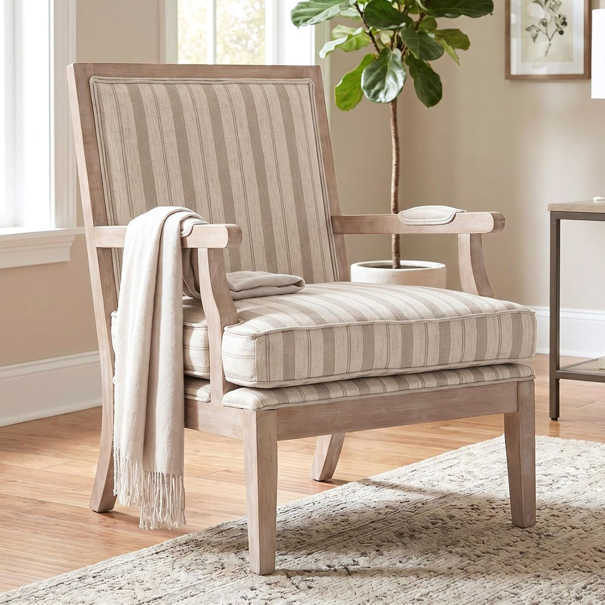 Modern Farmhouse Striped Accent Chair, Wide Upholstered Armchair with Armrest Pads, Coastal French Country Solid Wood Reading Chair for Living Room Bedroom Guest Room, Linen Fabric