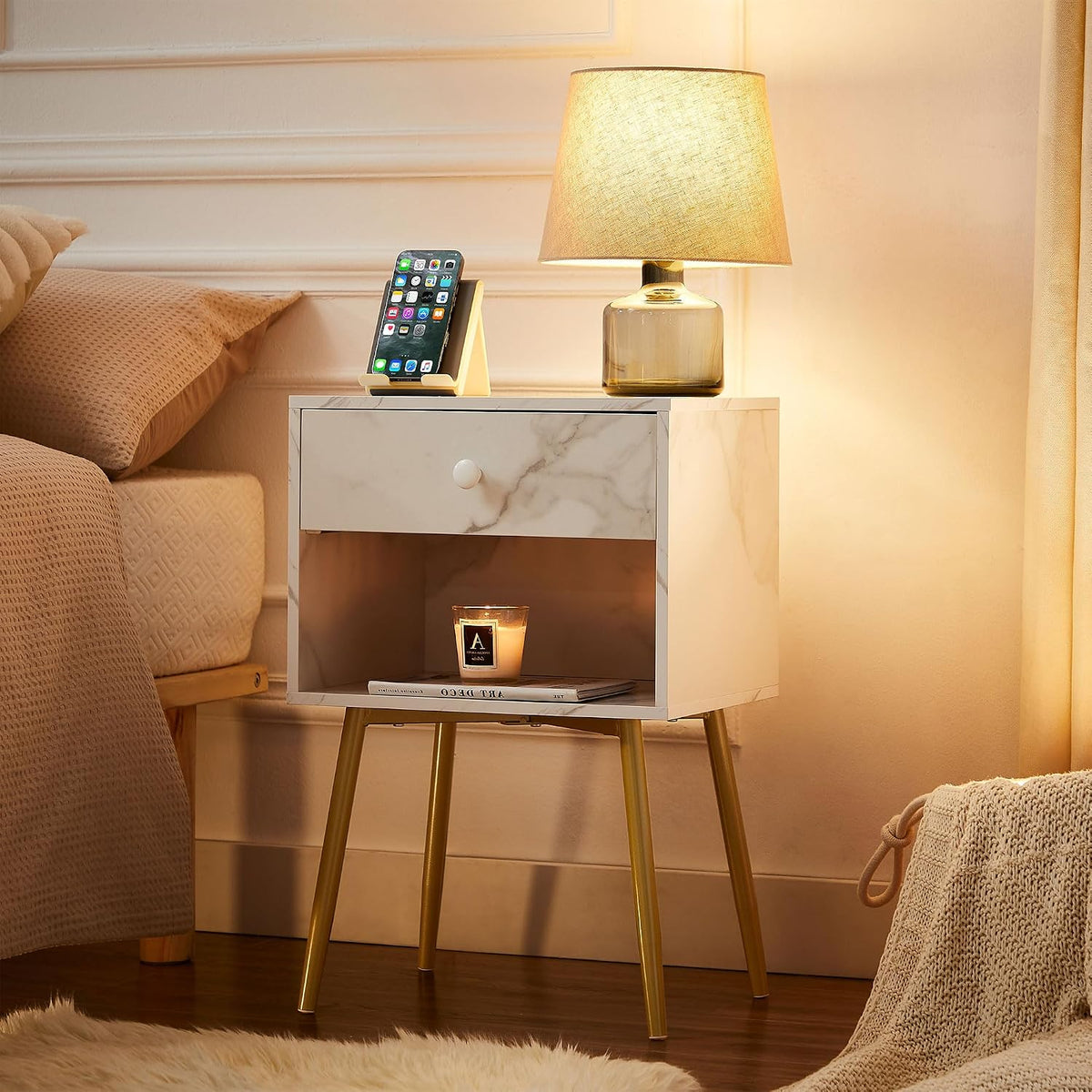 VECELO Nightstands Set of 2, Mid Century Modern End Bedside Table, Night Stand with Storage Drawer and 2 Tiers Open Shelf for Small Place, Bedroom, Living Room, Easy Assembly, White Gold