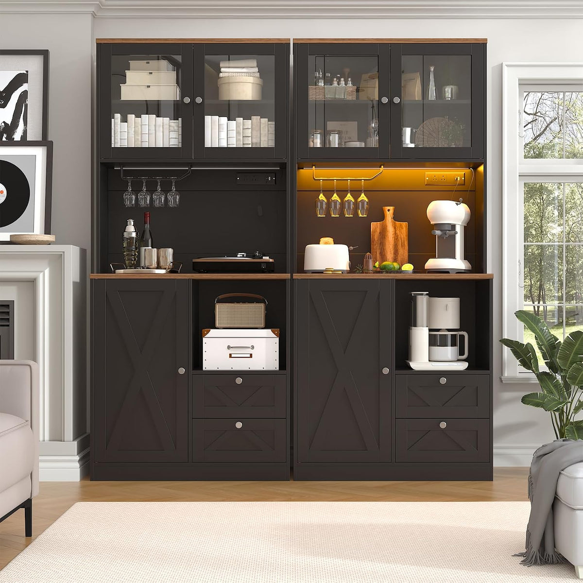 71" Tall Coffee Bar Cabinet with Storage Hutch, Farmhouse Kitchen Pantry Cabinet with LED Lights Microwave Stand and Glass Holder for Home Dining Room Kitchen (Black)