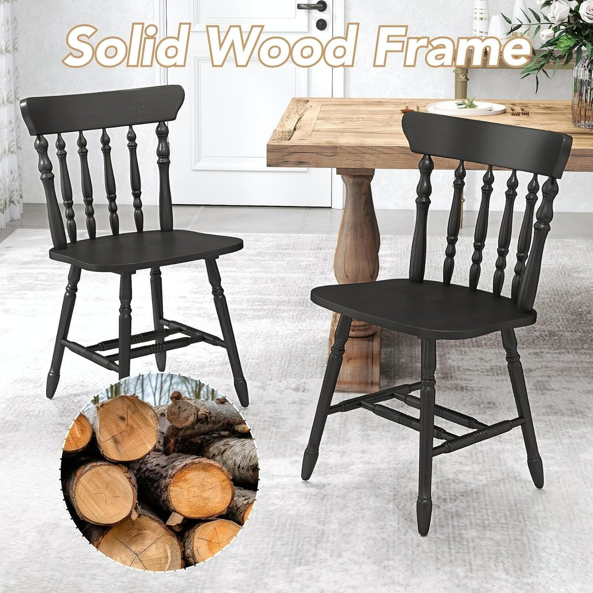 chairus Vintage Black Dining Chairs Set of 6, Farmhouse Windsor Wooden Dining Room Chairs with Turned Spindle Back & Legs, Traditional Colonial Armless Side Kitchen Chairs