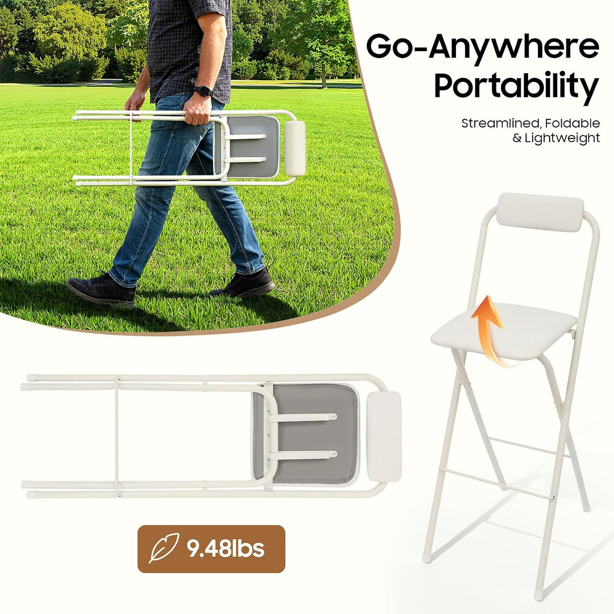 Folding Bar Stool with Backrest,Cushioned Padded Folding Stool,Fashion Bar Stools Set,Folding Counter Height Chairs for Kitchens, Cafes, Milk Tea Dessert Shops (1, White 29.53inch Seat Height)