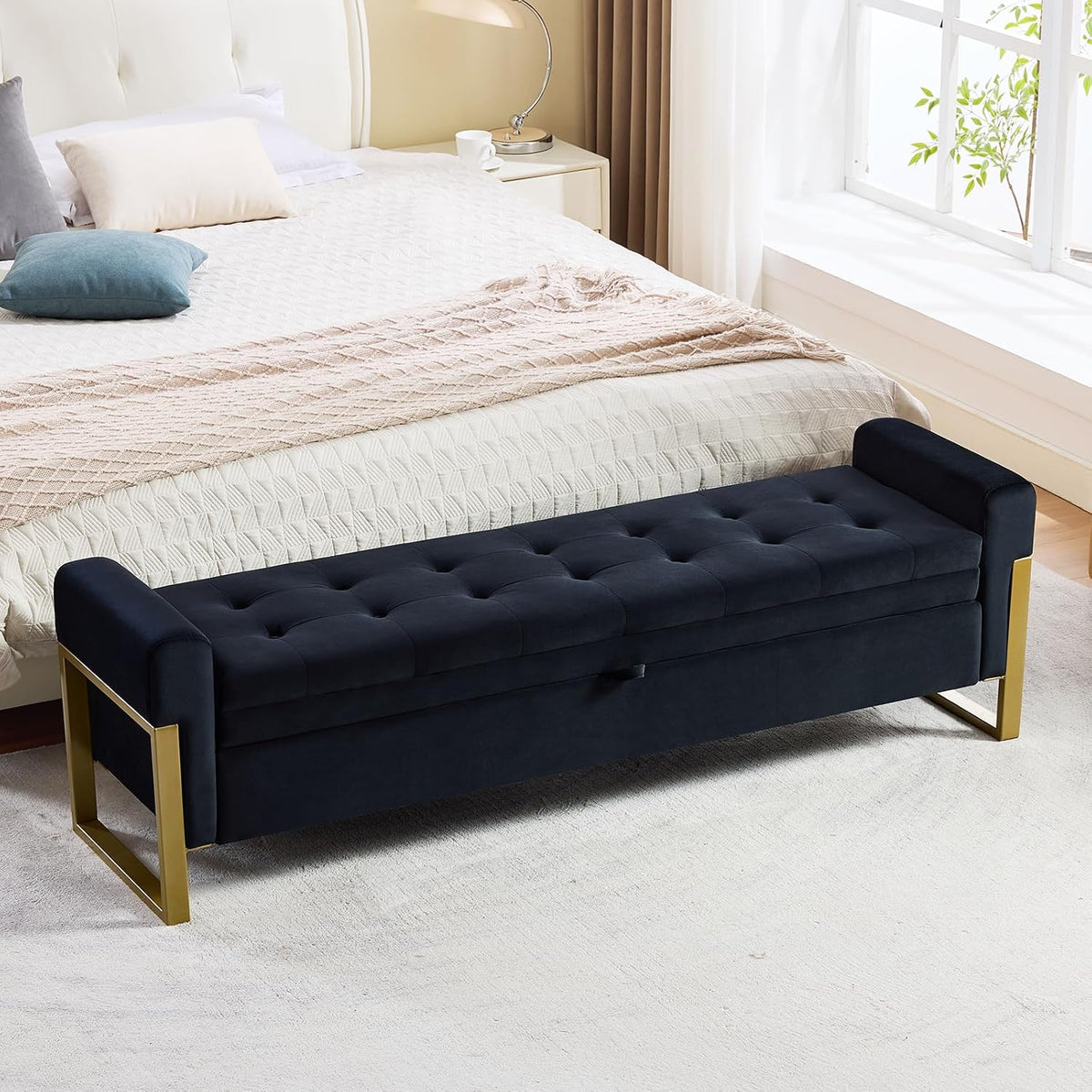 67" Storage Bench for Bedroom, King Size End of Bed Bench, Upholstered Storage Ottoman Bench with Golden Metal Legs, Bedroom Bench for Entryway, Black