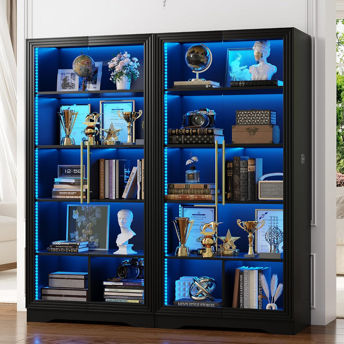 LVSOMT Bookcase with Glass Doors and LED Light, Home Office Bookshelf Black