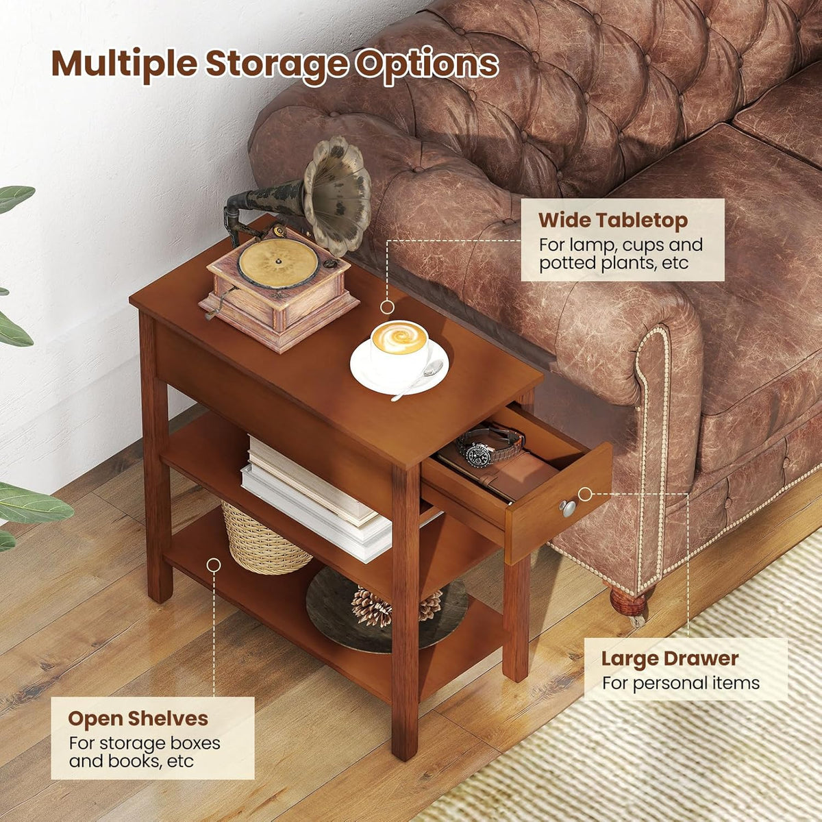 Giantex Narrow End Table, Farmhouse Side Tables with Drawer & Storage Shelves, Wood Sofa Side Tables, 3-Tier Nightstands for Small Space, Living Room, Bedroom, 23.5" L x 12" W x 24.5" H, Brown