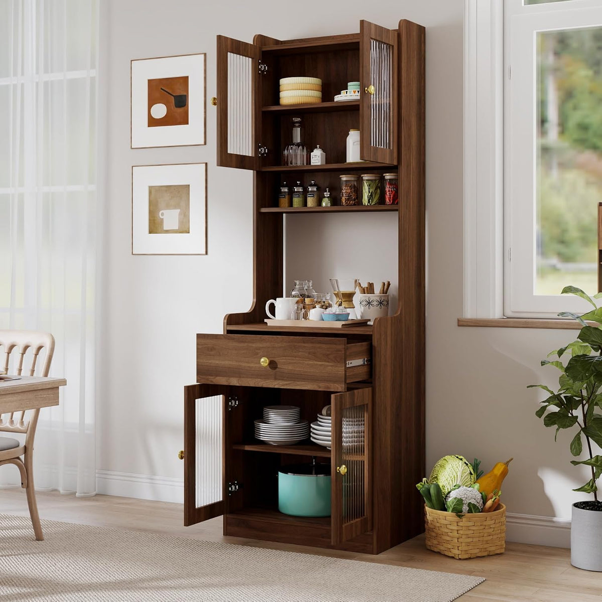 Black Farmhouse Kitchen Pantry Hutch, Storage Cabinet with Drawers, Freestanding Buffet Sideboard Coffee Bar (Walnut)